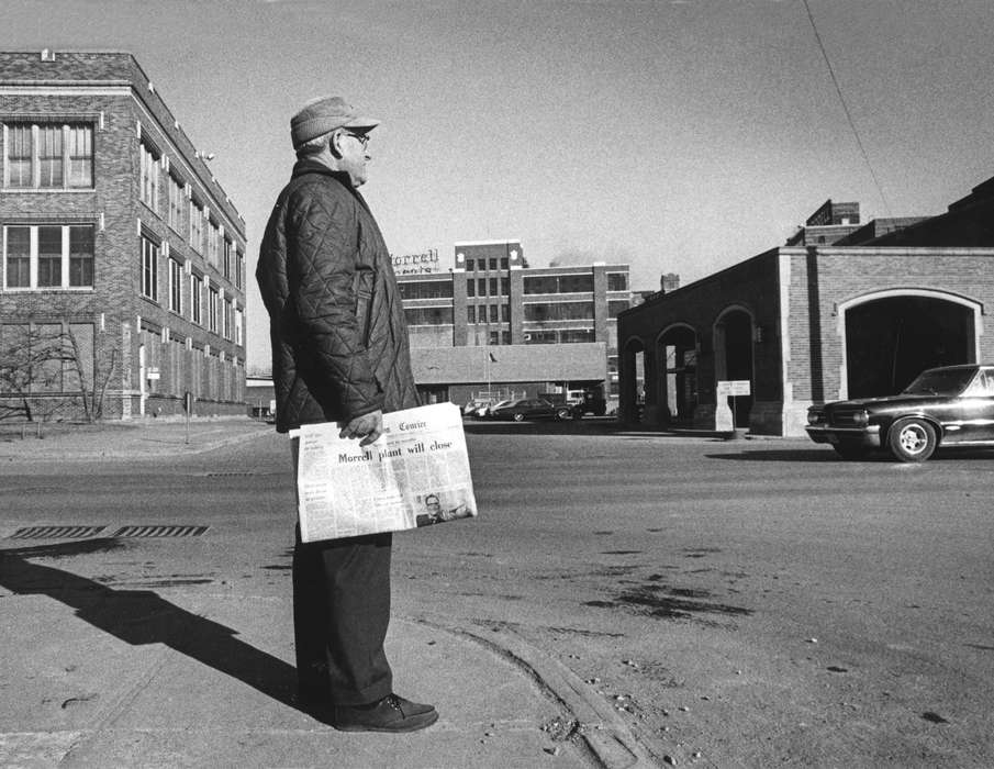 Iowa, Ottumwa, IA, street corner, Iowa History, downtown, car, Portraits - Individual, newspaper, Lemberger, LeAnn, Cities and Towns, Businesses and Factories, street, history of Iowa, Main Streets & Town Squares, shadow