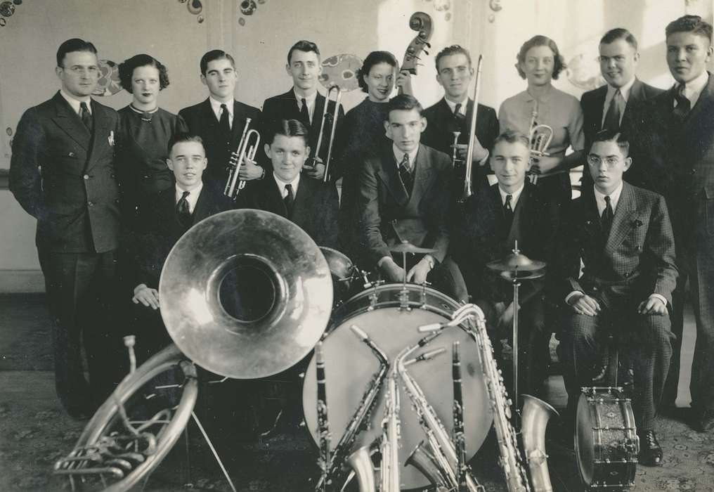 Portraits - Group, correct date needed, trumpet, Iowa, saxophone, orchestra, bass drum, instruments, trombone, Iowa History, Des Moines, IA, Campopiano Von Klimo, Melinda, band, east high school, history of Iowa, bass, musical