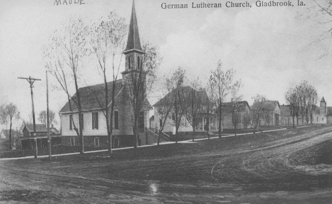 church, Iowa, Reinhard, Lisa, dirt street, Iowa History, Cities and Towns, Religious Structures, street, history of Iowa, Main Streets & Town Squares, Gladbrook, IA