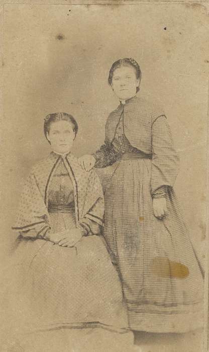 Portraits - Group, carte de visite, correct date needed, Tama, IA, Iowa, woman, bishop sleeves, undersleeves, sisters, hoop skirt, Olsson, Ann and Jons, history of Iowa, dropped shoulder seams, Iowa History