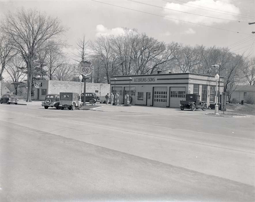 history of Iowa, gas station, Businesses and Factories, Waverly, IA, Waverly Public Library, Main Streets & Town Squares, mainstreet, Iowa, Motorized Vehicles, gas pump, repair shop, Iowa History, Cities and Towns