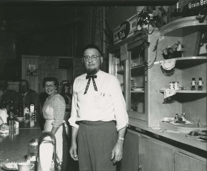 history of Iowa, Portraits - Group, Businesses and Factories, Waverly Public Library, bowtie, Iowa, beer, Denver, IA, restaurant, counter, Iowa History, pepper shaker, glasses, salt shaker, Labor and Occupations