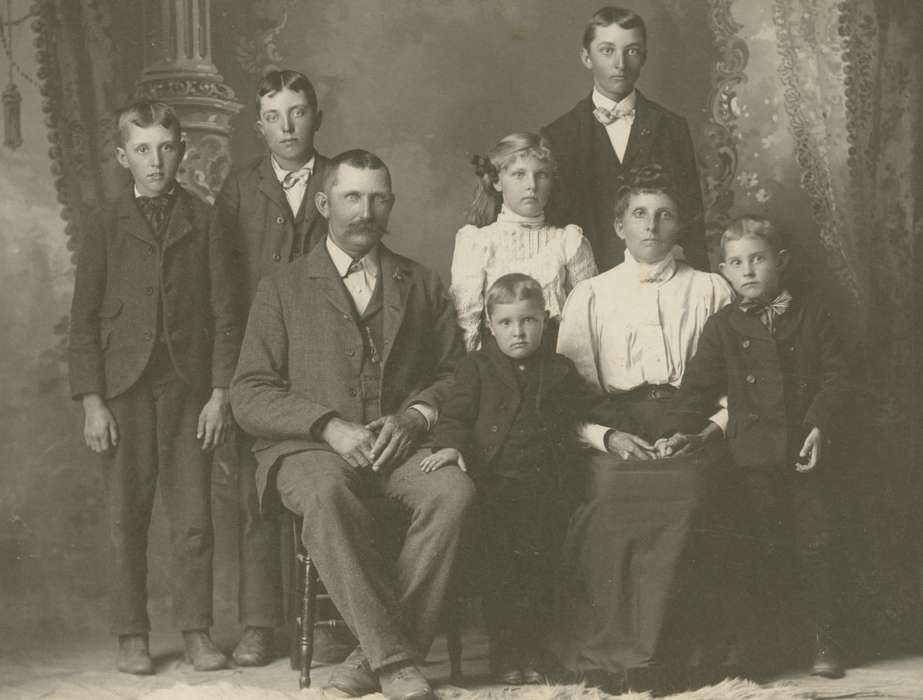 Portraits - Group, Iowa History, curtain, mustache, Families, history of Iowa, painted background, sack coat, IA, Iowa, Ihnen, Lorraine, pocket watch chain, Children