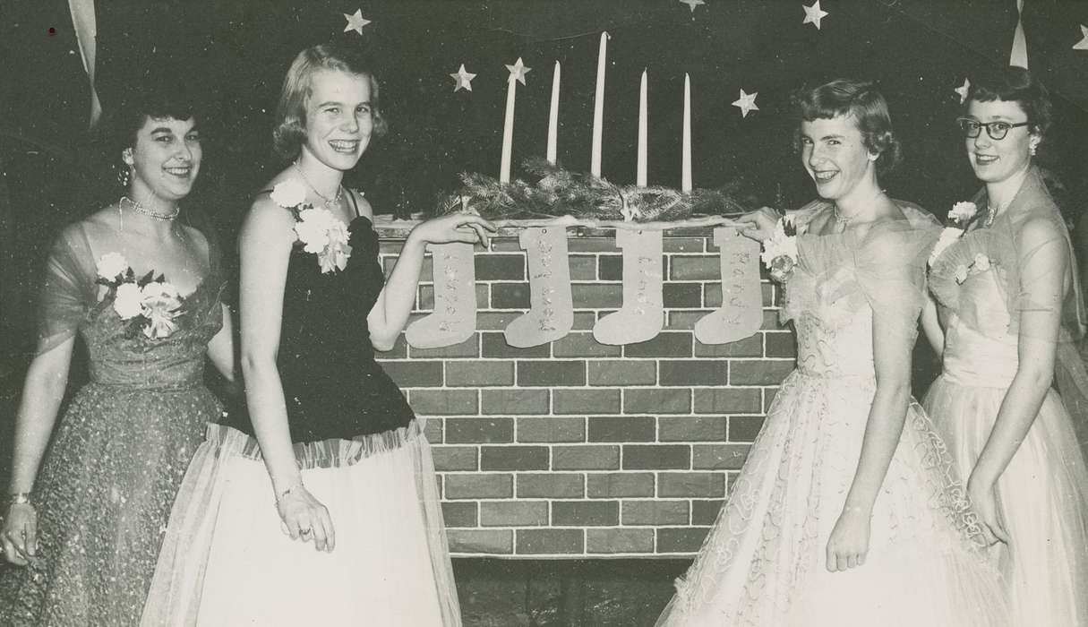 Portraits - Group, christmas, stockings, history of Iowa, IA, Iowa History, high school, Hansen, Viola, candles, Holidays, Iowa, dresses