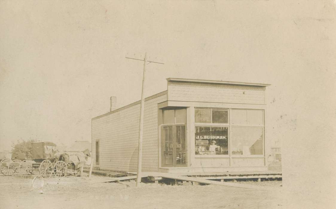 telephone pole, Main Streets & Town Squares, Woden, IA, history of Iowa, Iowa History, general store, Cook, Mavis, horse and buggy, Businesses and Factories, Iowa, Cities and Towns