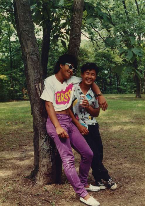 Portraits - Group, Food and Meals, Mount Pleasant, IA, Iowa, sunglasses, budweiser, Pounsavan, Aaron, Iowa History, Leisure, People of Color, beer, history of Iowa, fashion, friends, glasses, converse