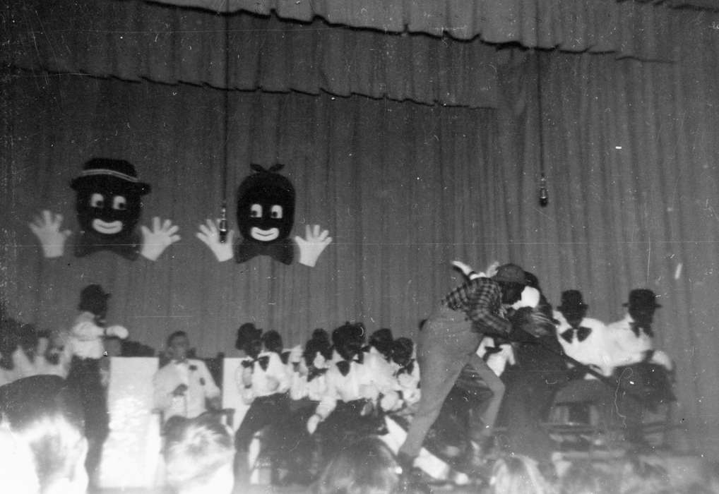 history of Iowa, minstrel, blackface, Entertainment, Iowa History, stereotype, makeup, play, Orange, IA, costume, Iowa, Mountain, Carole, Schools and Education, curtain, stereotype of african american