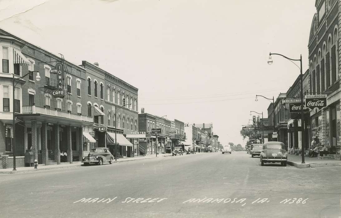 Main Streets & Town Squares, history of Iowa, Iowa History, Cities and Towns, Motorized Vehicles, car, cafe, Iowa, coca cola, Anamosa, IA, Hatcher, Cecilia