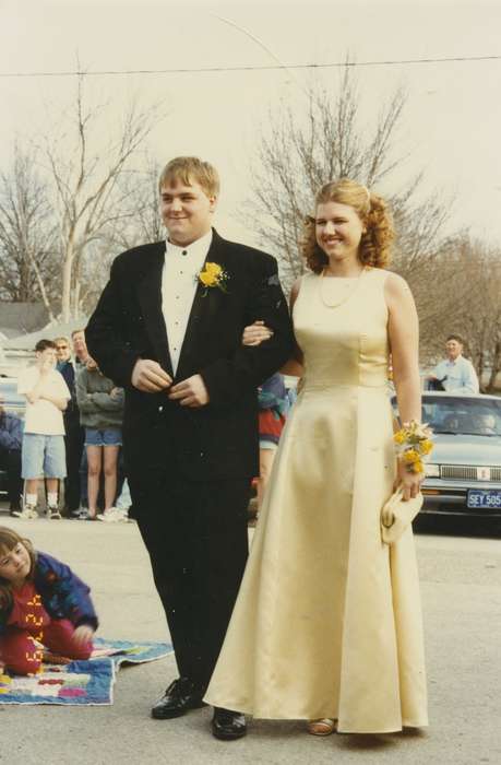 Portraits - Group, history of Iowa, Iowa History, Entertainment, formal attire, boutonniere, Motorized Vehicles, car, corsage, parking lot, prom, Reinbeck, IA, school dance, East, Lindsey, Iowa, dress, Children, suit
