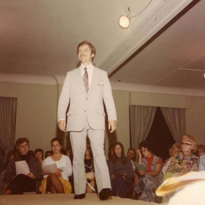 history of Iowa, fashion show, Iowa History, Entertainment, Businesses and Factories, fashion, Iowa, Cedar Rapids, IA, sewing, Karns, Mike, model, suit, Labor and Occupations