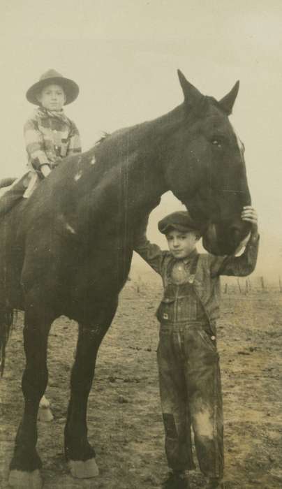 Outdoor Recreation, boy, ranger hat, Mediapolis, IA, ranger, brothers, Animals, hat, horse, Children, boys, Farms, history of Iowa, Iowa History, overalls, dirt, Iowa, newsboy, newsboy cap, neckerchief, Pate, Linda, knee patch