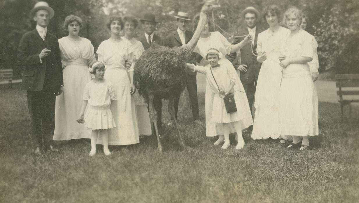 Portraits - Group, satchel, flower girl, Weddings, IA, Iowa, Animals, ostrich, hat, LeQuatte, Sue, history of Iowa, Iowa History