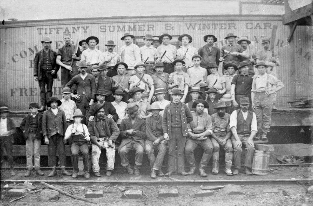Portraits - Group, history of Iowa, Iowa History, Ottumwa, IA, knife, hats, workers, Iowa, Lemberger, LeAnn, Labor and Occupations