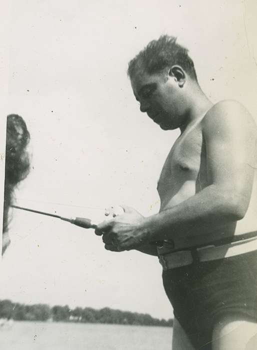 Outdoor Recreation, Iowa, fishing pole, Okoboji, IA, italian american, bathing suit, Campopiano Von Klimo, Melinda, Lakes, Rivers, and Streams, fishing, history of Iowa, Iowa History