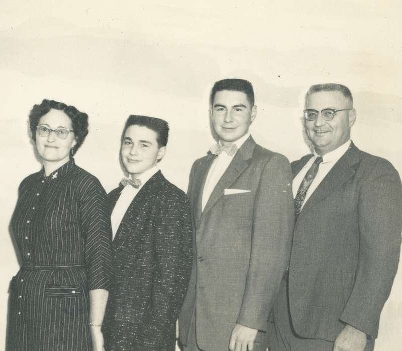 suit, boys, dress clothes, Iowa History, Spilman, Jessie Cudworth, glasses, Iowa, history of Iowa, hairstyle, correct date needed, Portraits - Group, flat top hair cut, bow tie, Families, pinstripe, USA, necktie