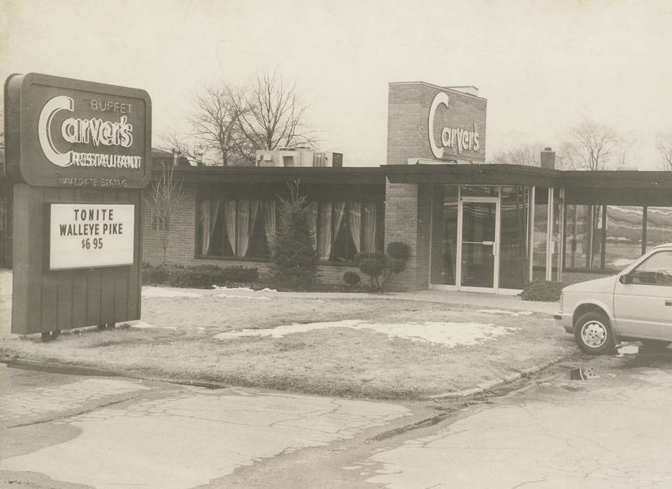 restaurant, history of Iowa, Iowa History, Winter, window, Businesses and Factories, curtain, Waverly, IA, melting snow, grass, snow, Iowa, Cities and Towns, sign, tree, Waverly Public Library