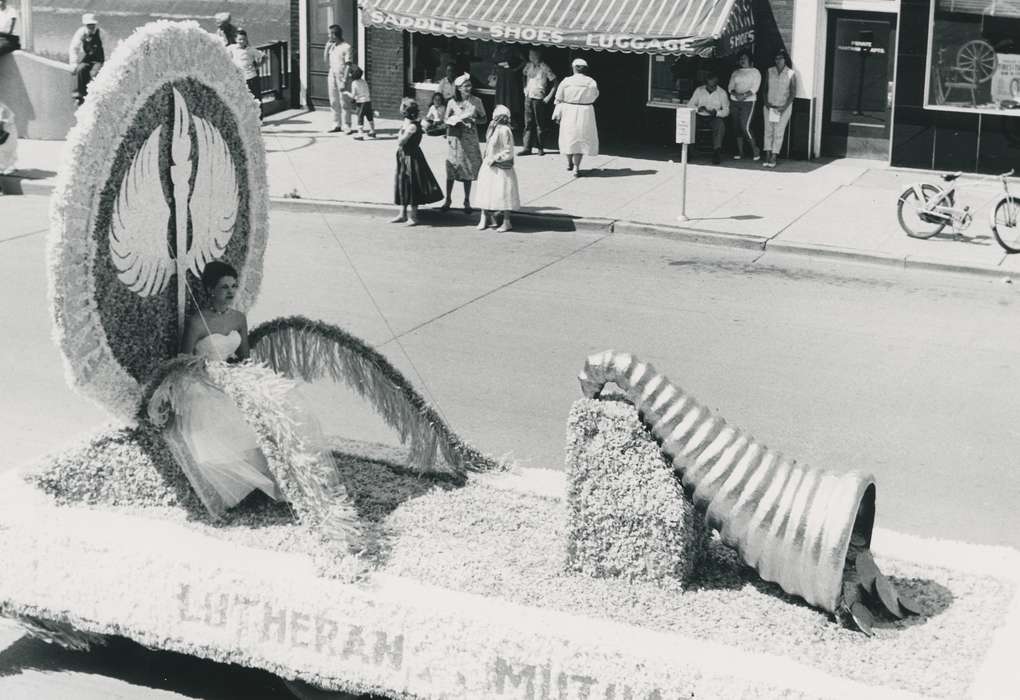 Cities and Towns, Fairs and Festivals, cornucopia, Iowa History, Waverly Public Library, Iowa, history of Iowa, parade, girl, float, Religion, lutheran, Main Streets & Town Squares