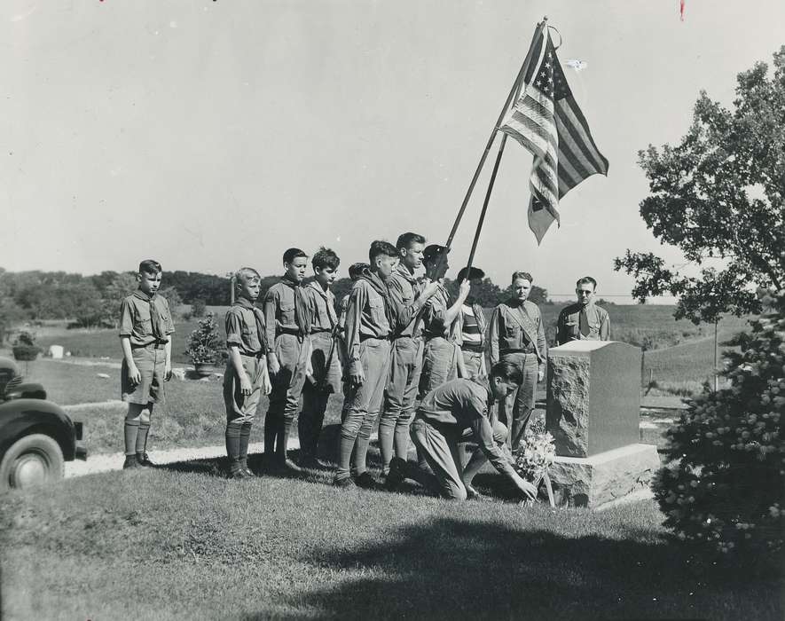 Civic Engagement, Cemeteries and Funerals, tombstone, history of Iowa, boy scout, Iowa, boy scouts, Waverly Public Library, Children, Iowa History