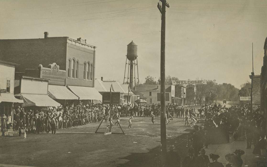 basketball, IA, Iowa, Cook, Mavis, crowd, water tower, Sports, Cities and Towns, street, history of Iowa, Main Streets & Town Squares, Iowa History