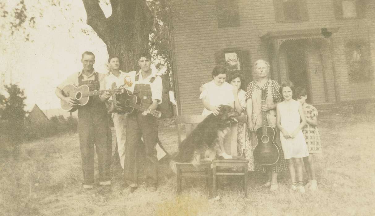 Portraits - Group, history of Iowa, Iowa History, IA, Animals, instrument, Iowa, guitar, Fredericks, Robert, Children, dog