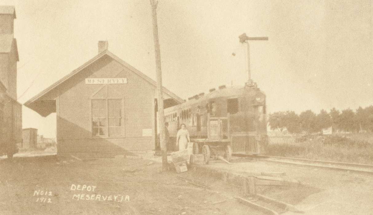 train, Iowa, depot, Cook, Mavis, Meservey, IA, Train Stations, train tracks, railroad, history of Iowa, Motorized Vehicles, Iowa History