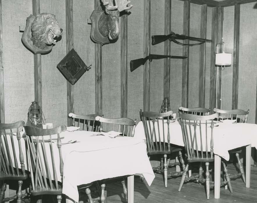 italian american, Campopiano Von Klimo, Melinda, history of Iowa, Iowa History, dining table, taxidermy, rifle, Businesses and Factories, chair, Iowa, Cities and Towns, tablecloth, restaurant, Food and Meals, Des Moines, IA