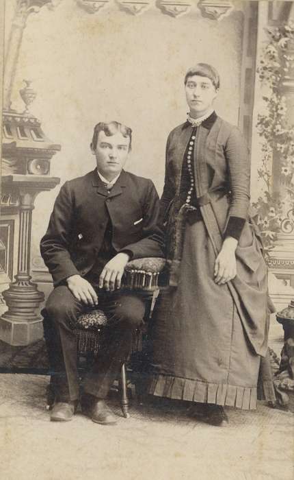 Portraits - Group, bustle, carte de visite, correct date needed, sack coat, Iowa, couple, woman, Olsson, Ann and Jons, Manchester, IA, painted backdrop, man, history of Iowa, Iowa History