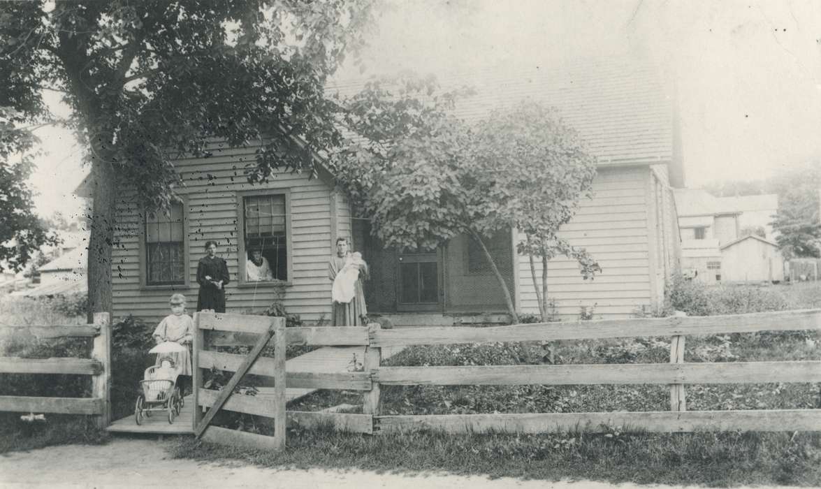 Cities and Towns, baby, dress, window, doll carriage, Children, Homes, girl, tree, Waverly Public Library, Families, Iowa, fence, woman, history of Iowa, Iowa History, women