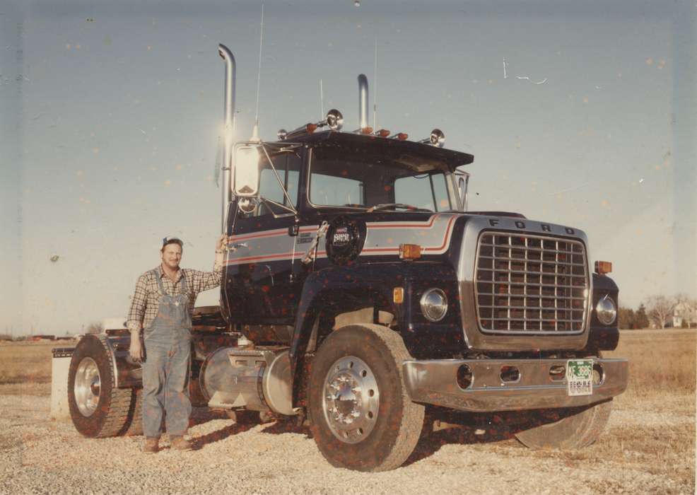 Portraits - Individual, Iowa History, Sully, IA, Iowa, Motorized Vehicles, ford, truck, overalls, Zegers, Linda, history of Iowa