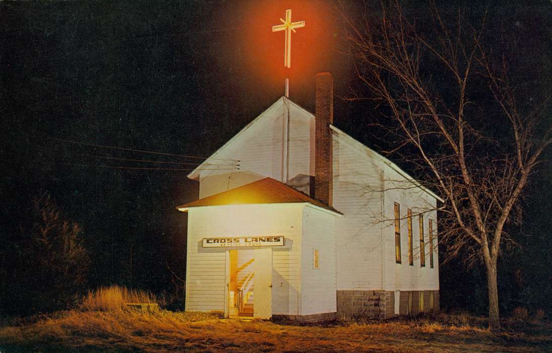 night sky, Religious Structures, cross, history of Iowa, Lemberger, LeAnn, Batavia, IA, church, Iowa, Iowa History, tree, light