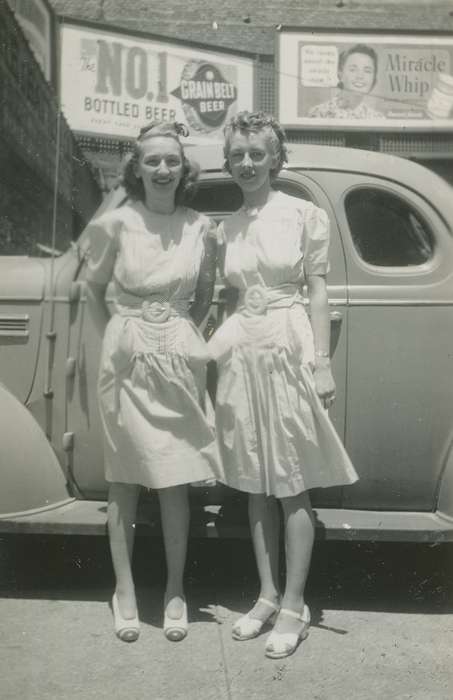 Motorized Vehicles, miracle whip, Iowa History, dress, Campopiano Von Klimo, Melinda, Iowa, history of Iowa, Portraits - Group, beer, car, Polk County, IA, sign, matching