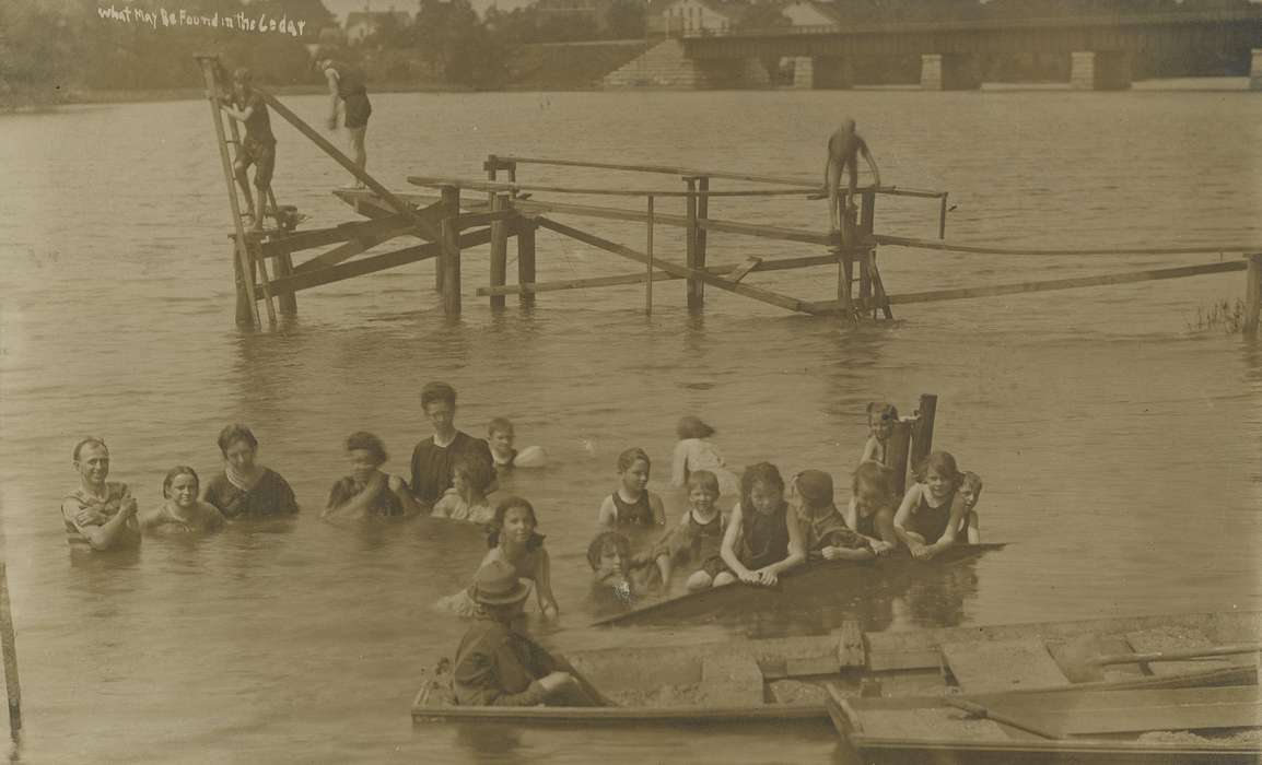 Children, swim, boat, smile, Portraits - Group, history of Iowa, Waverly, IA, Waverly Public Library, Iowa, river, Leisure, cedar river, Iowa History, Lakes, Rivers, and Streams, swimsuit, bridge