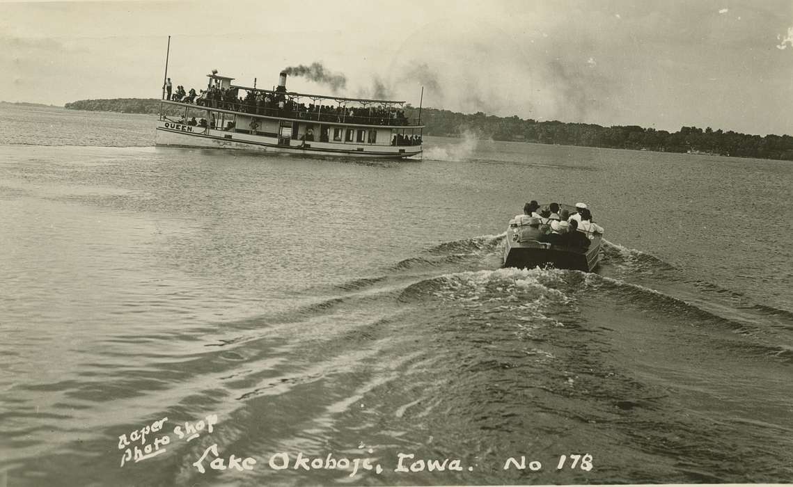 Outdoor Recreation, Iowa, ferry, Okoboji, IA, boat, Palczewski, Catherine, Lakes, Rivers, and Streams, lake, history of Iowa, Motorized Vehicles, Iowa History, post card