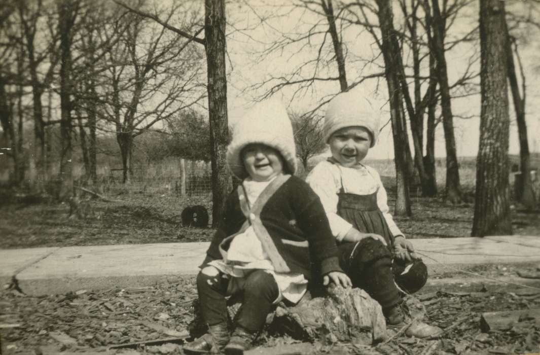 Portraits - Group, kids, Iowa Falls, IA, history of Iowa, Iowa History, Mortenson, Jill, children, tree stump, sidewalk, woodlands, Iowa, woods, stocking hat, Children, woodland, jacket