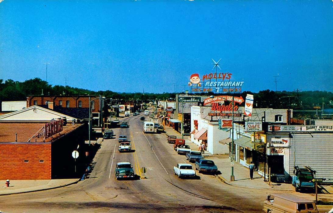 main street, Iowa, restaurant, car, Lemberger, LeAnn, sign, Cities and Towns, Ottumwa, IA, history of Iowa, Motorized Vehicles, Main Streets & Town Squares, Iowa History, sky