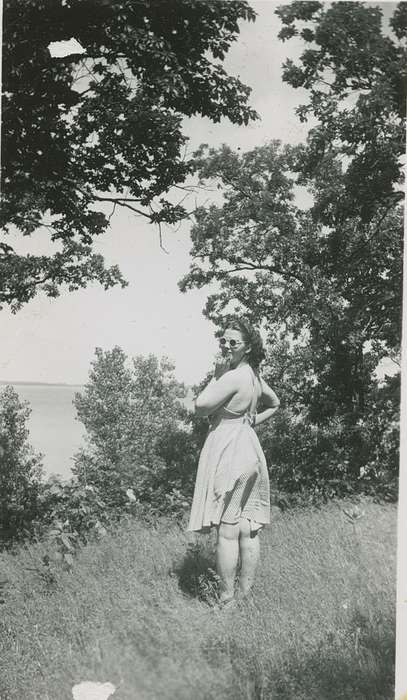 sunglasses, lake, grass, history of Iowa, Campopiano Von Klimo, Melinda, Iowa, Lakes, Rivers, and Streams, dress, Portraits - Individual, Okoboji, IA, Iowa History, tree, Leisure