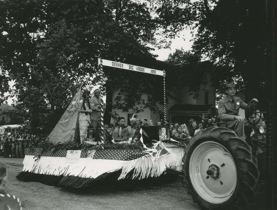 float, Iowa History, history of Iowa, Entertainment, teepee, Motorized Vehicles, tractor, parade float, costume, Iowa, stereotype of native american, Children, Waverly Public Library, Denver, IA