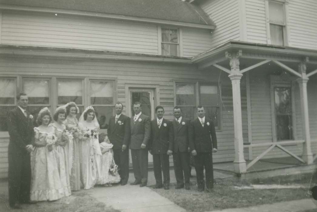 Portraits - Group, history of Iowa, Iowa History, IA, groom, Schon, Mary, bride, bridesmaid, Iowa, Weddings, wedding dress, tuxedo