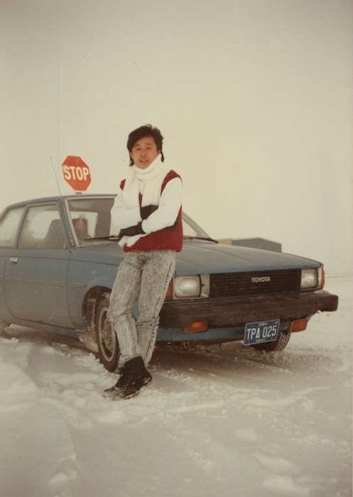 stop sign, People of Color, history of Iowa, Iowa History, Pounsavan, Aaron, Winter, Motorized Vehicles, Des Moines, IA, car, toyota, Iowa, snow, scarf, Portraits - Individual