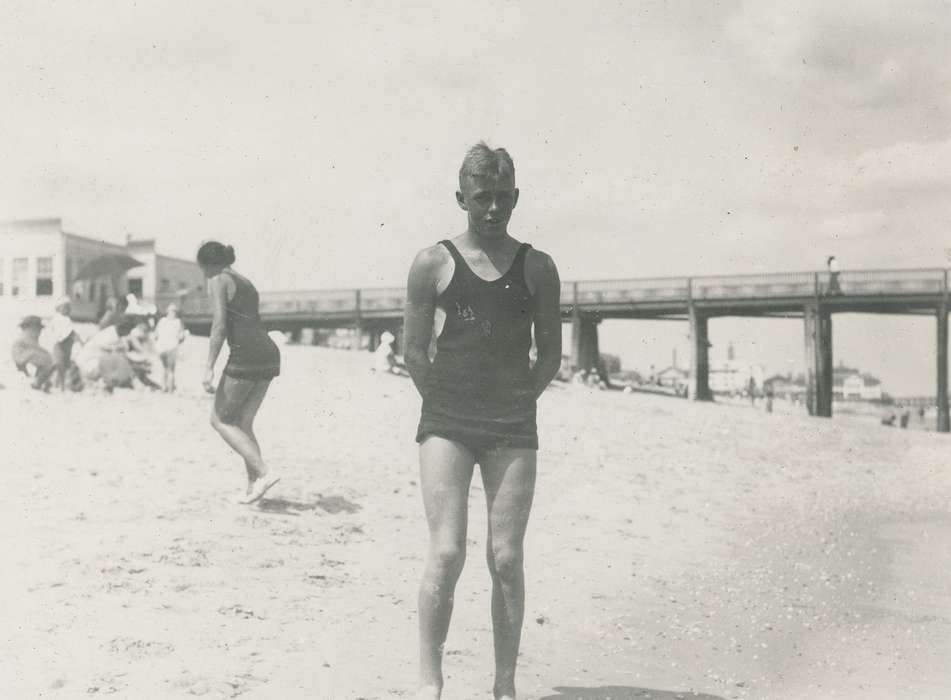 swimsuit, Portraits - Individual, sand, Iowa History, Iowa, bathing suit, Ocean Grove, NJ, ocean, atlantic ocean, beach, McMurray, Doug, Travel, Outdoor Recreation, pier, Leisure, history of Iowa