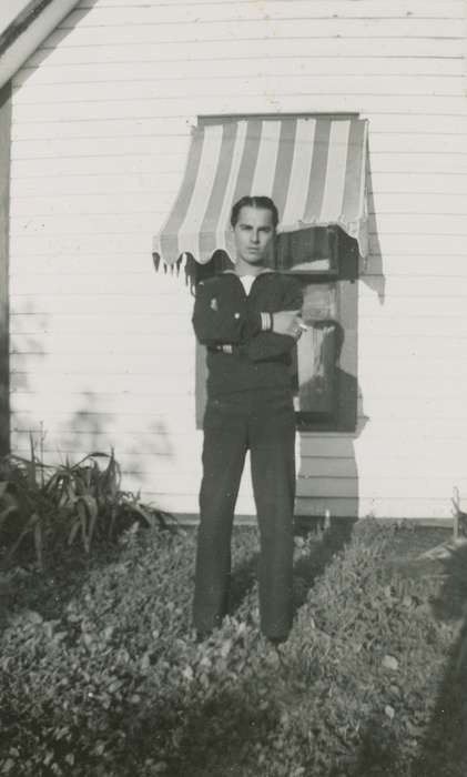 Portraits - Individual, Iowa History, sailor, Iowa, window, lawn, bush, uniform, Des Moines, IA, Campopiano Von Klimo, Melinda, Military and Veterans, italian american, navy, veranda, history of Iowa