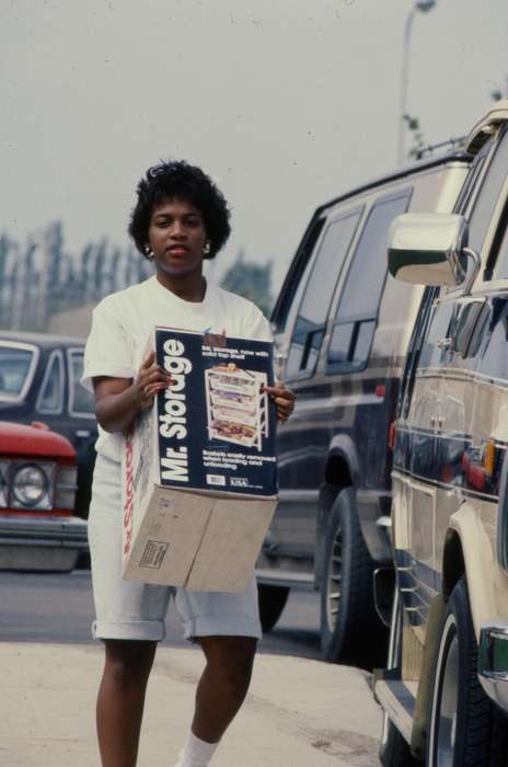 parking lot, Iowa, UNI Special Collections & University Archives, Schools and Education, uni, van, african american, university of northern iowa, People of Color, Cedar Falls, IA, history of Iowa, Motorized Vehicles, box, Iowa History