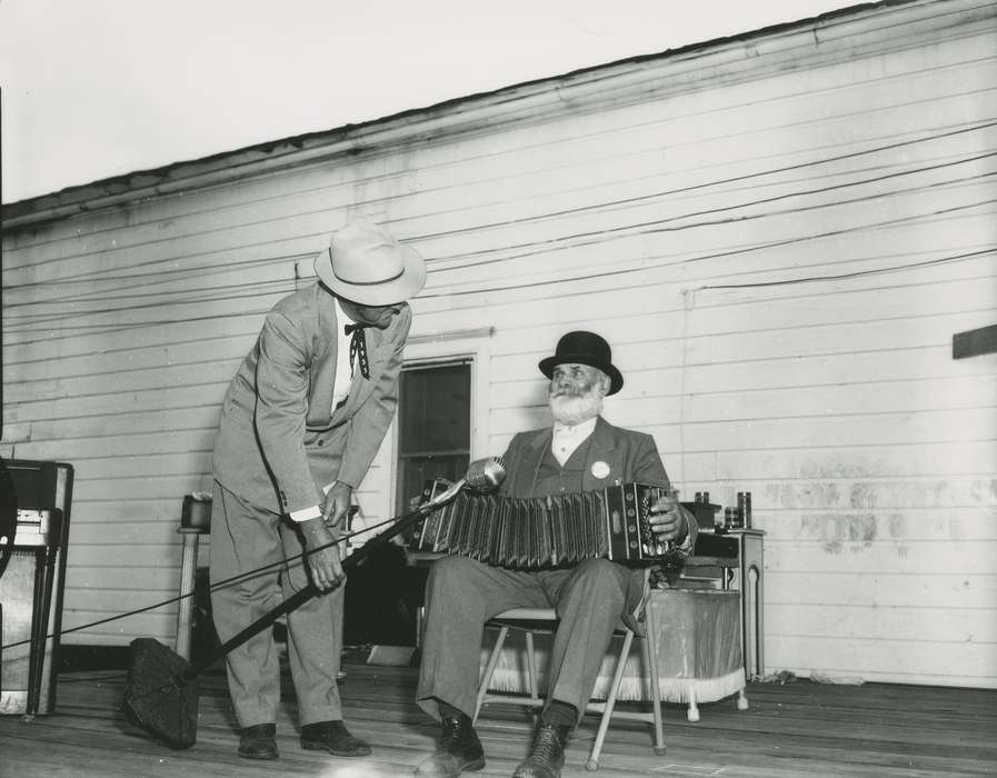 Denver, IA, Waverly Public Library, history of Iowa, Iowa History, Entertainment, microphone, beard, concertina, tie, Iowa, hat, suit, Portraits - Individual