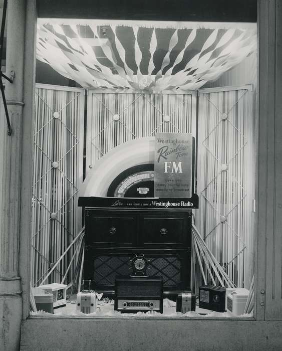 history of Iowa, display, streamers, Entertainment, Iowa History, storefront, Businesses and Factories, case, clock, Iowa, westinghouse, Waverly Public Library, radio