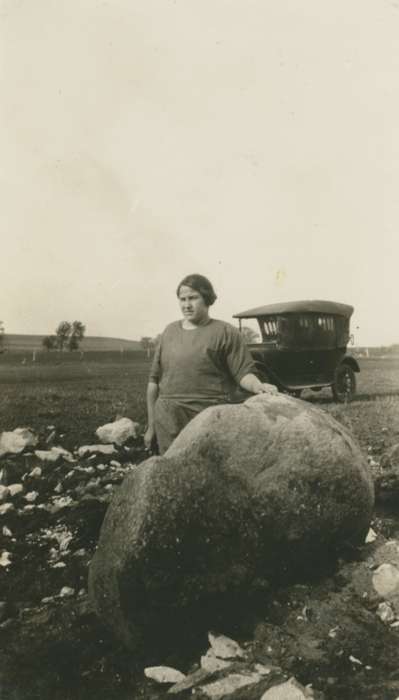 Outdoor Recreation, Iowa, woman, boulder, Bartlett, Elizabeth, field, rock, Ackley, IA, Farms, history of Iowa, farm, Motorized Vehicles, Iowa History, automobile