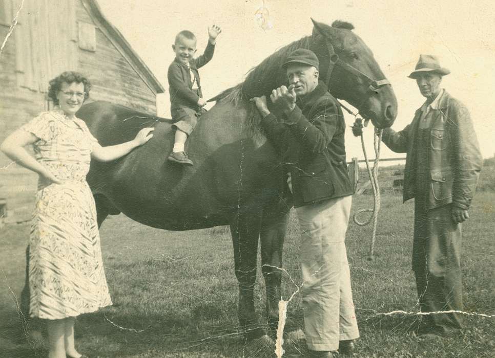 Portraits - Group, rope, Lang, Mavis, wave, history of Iowa, Iowa History, Families, waving, Animals, Chickasaw County, IA, Iowa, Farms, horse, Children, hat, jacket