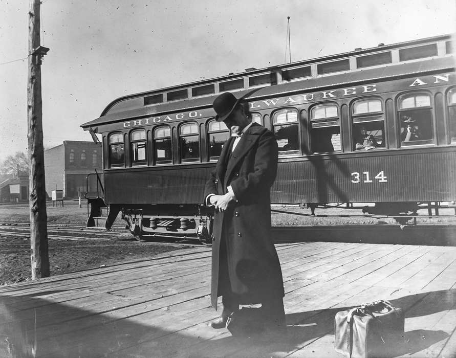 correct date needed, IA, train, Iowa, bowler hat, passenger train, Portraits - Individual, Anamosa Library & Learning Center, history of Iowa, Iowa History