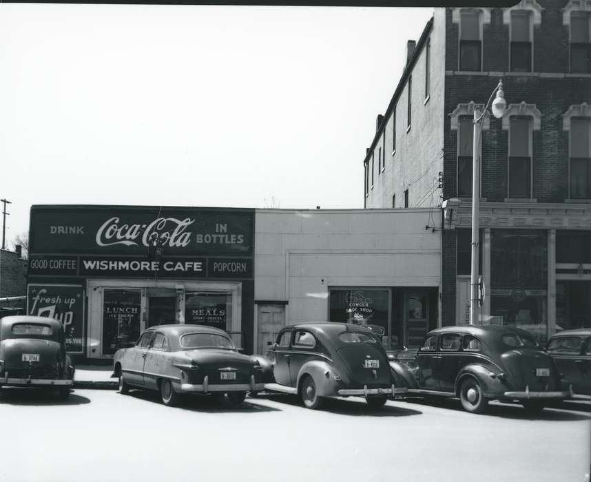 Businesses and Factories, car, building, cafe, coca cola, Cities and Towns, shop, Waverly Public Library, license plate, Main Streets & Town Squares, history of Iowa, coke sign, Iowa History, Motorized Vehicles, window, brick building, Waverly, IA, Iowa, sign