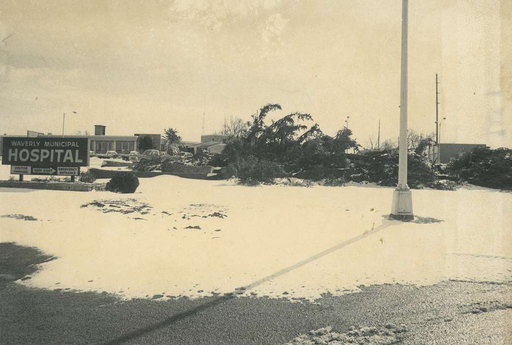 lightpost, Waverly, IA, Hospitals, truck, history of Iowa, snow, Motorized Vehicles, Iowa, sign, Waverly Public Library, building, Iowa History, Winter