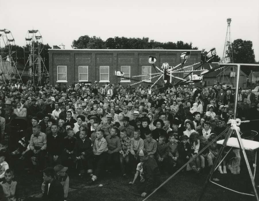 history of Iowa, Entertainment, Waverly Public Library, Main Streets & Town Squares, Iowa, library, ferris wheel, Denver, IA, crowd, brick building, tower, Iowa History, fire station, Cities and Towns, amusement ride